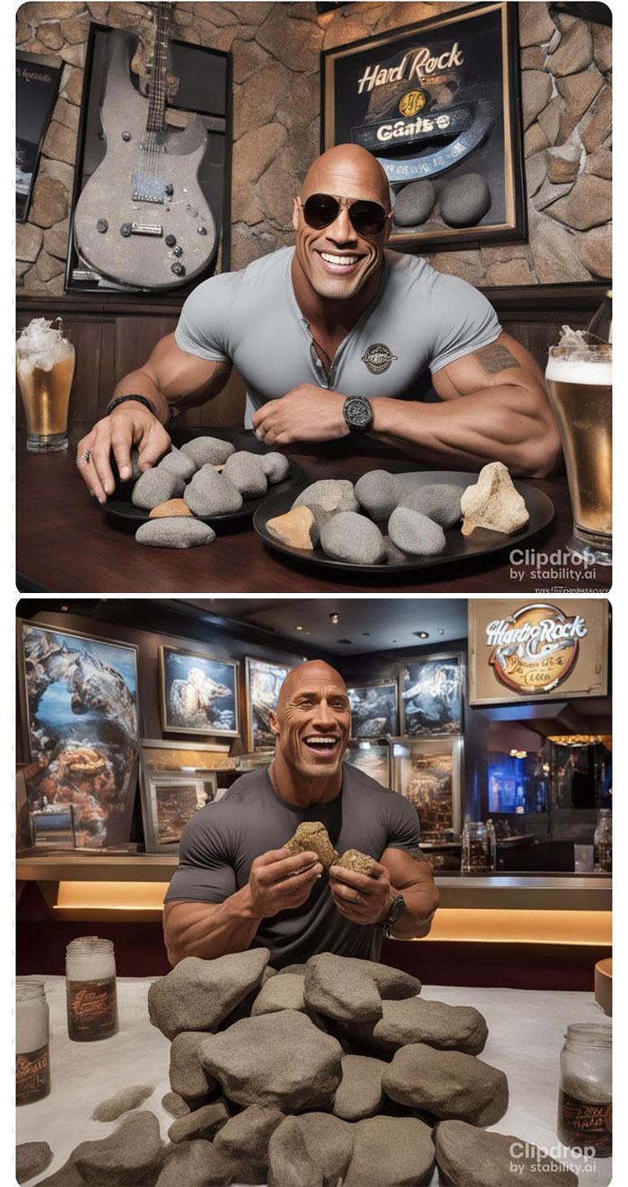 The Rock mange des pierres au Hard Rock Cafe