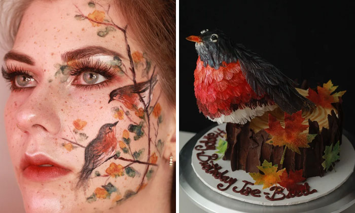 I Do Makeup To Match My Baking, And I Thought You Would Enjoy This Red-Breasted Robin Themed Makeup And Cake!
