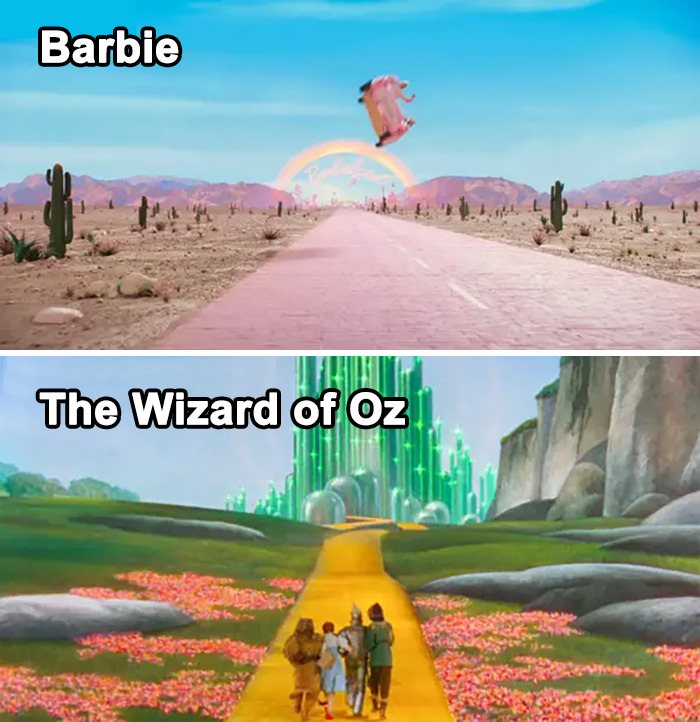 Une route de briques roses mène à Barbie Land, ce qui est un clin d’œil à la route de briques jaunes du Magicien d’Oz.