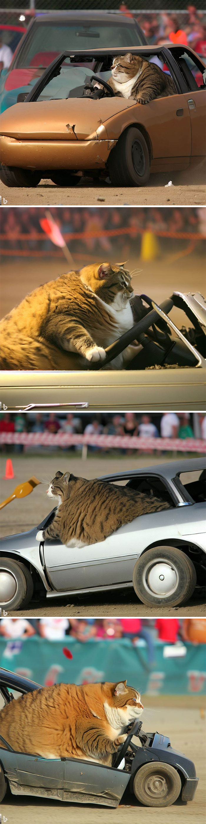 Un chat extrêmement gros conduit une Honda Civic lors d'un derby de démolition