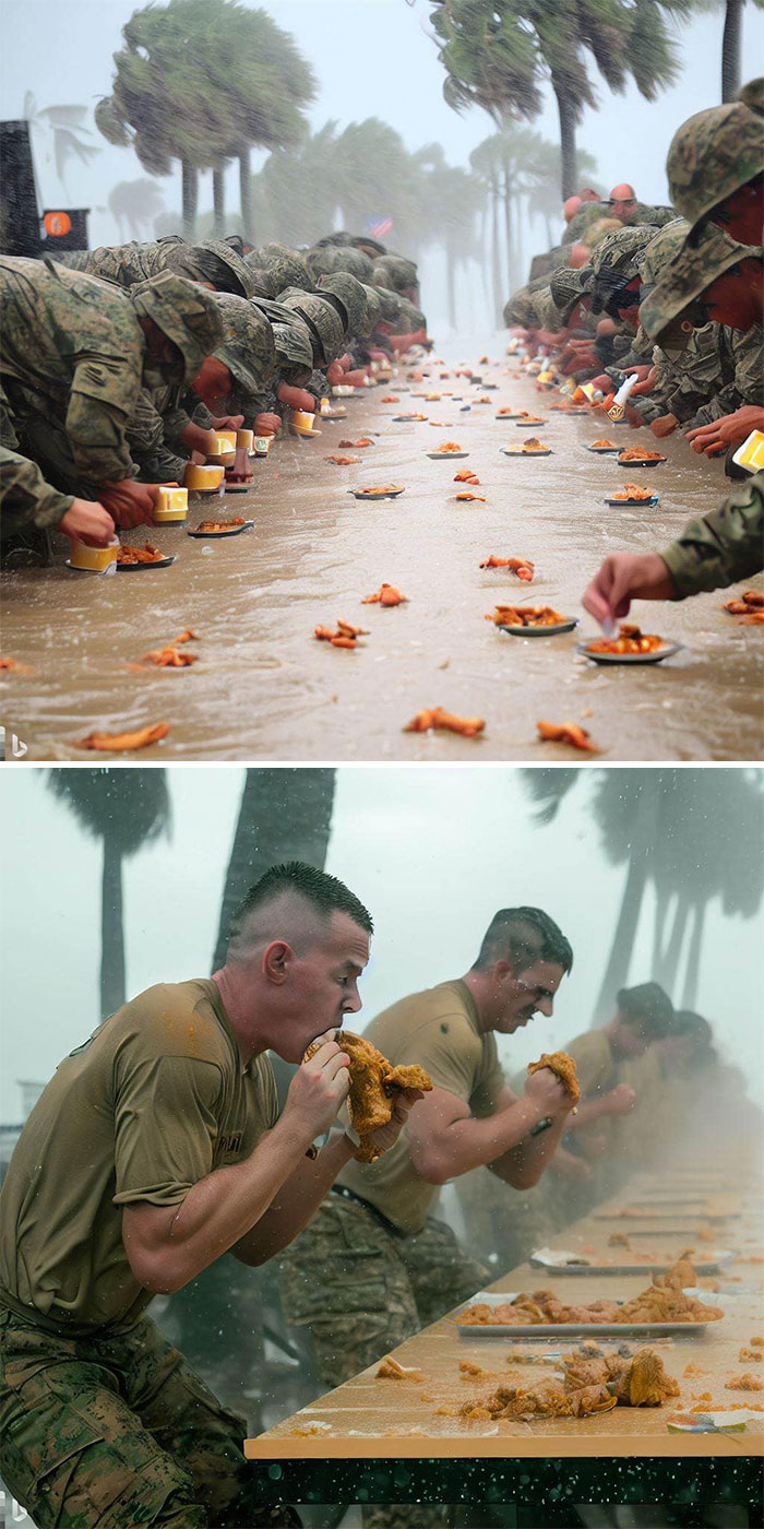 “Des soldats participent à un concours de mangeurs de poulet frit sans fin pendant un ouragan en Floride”.