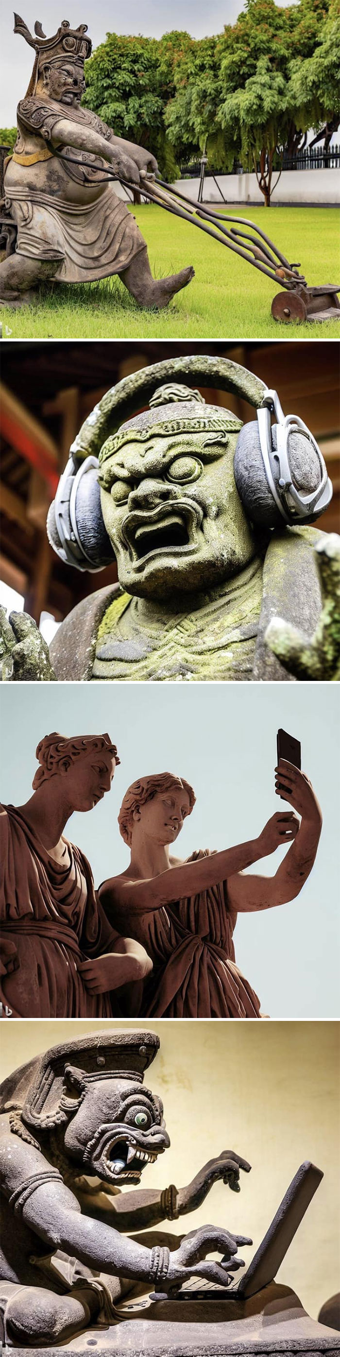 Des statues anciennes qui font des choses modernes