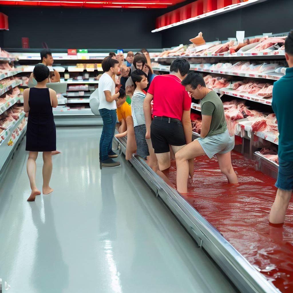 Les gens utilisent l’îlot de viande d’une épicerie comme bain