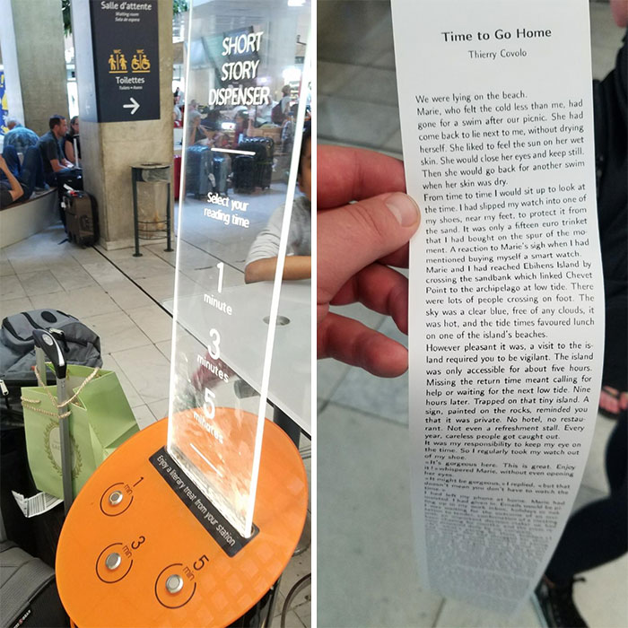 Dans cet aéroport, il y a une machine qui imprime des nouvelles gratuites que tu peux lire pendant que tu attends !