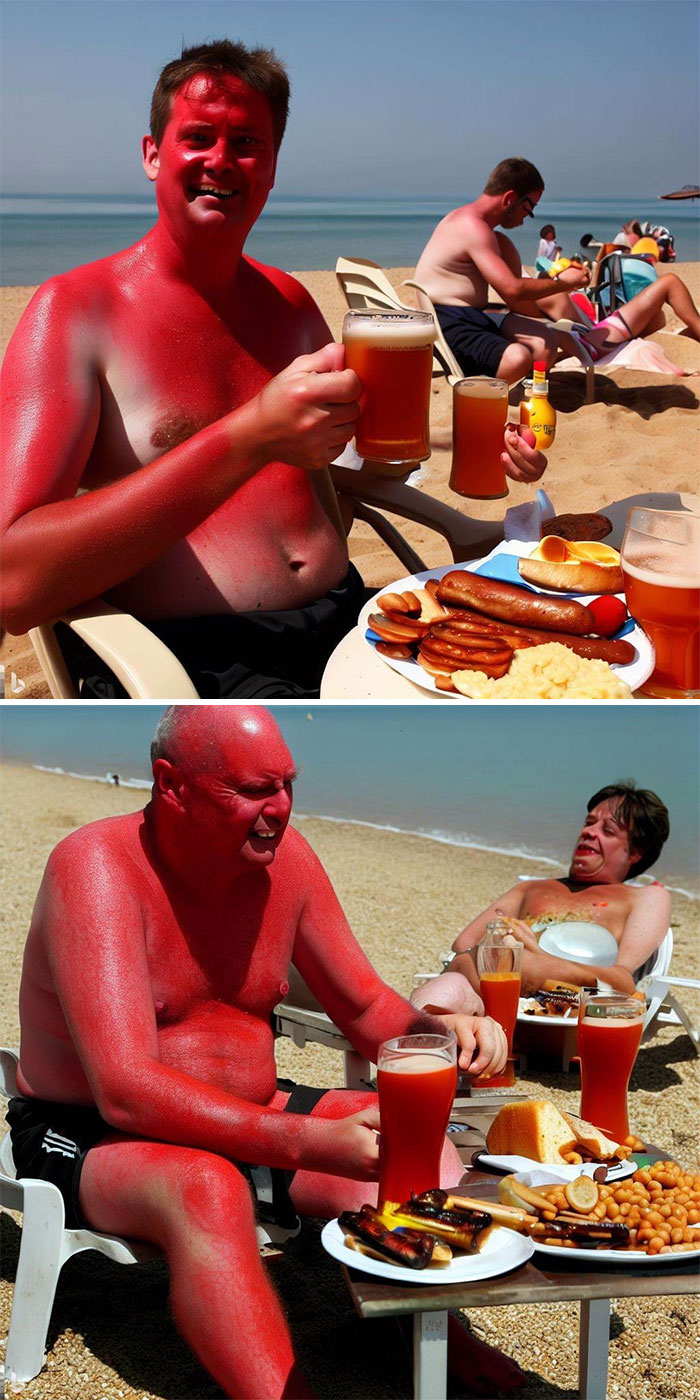 Des Britanniques brûlés par le soleil sur la plage, mangeant des petits déjeuners anglais complets et buvant des pintes de bière.