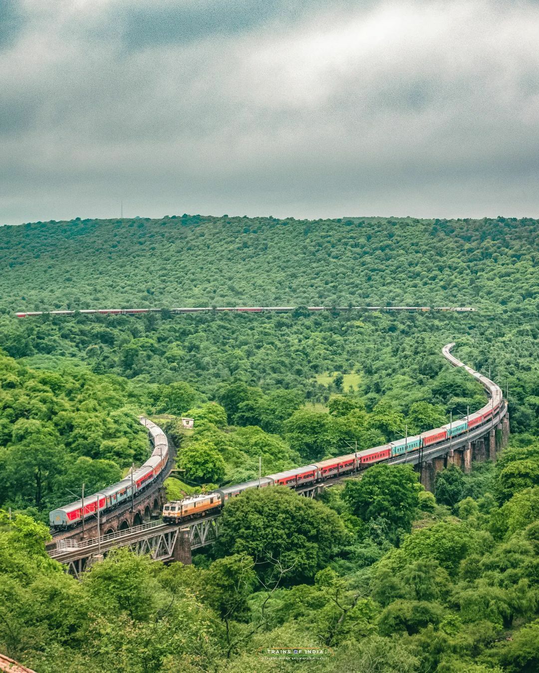 Trois trains passent à la fois dans le parc national de Mukundara Hills. Rajasthan, Inde