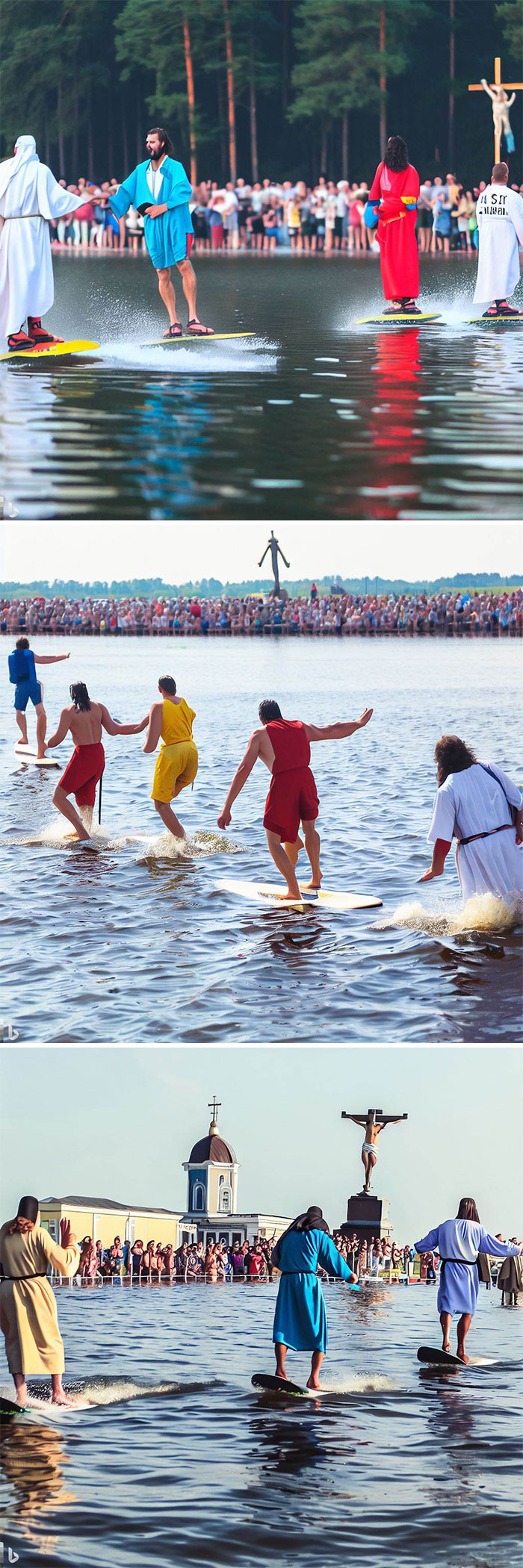 Compétition extrême de marche sur l’eau entre les sosies de Jésus-Christ (j’adore la façon dont Ai garde la réalité avec les planches)