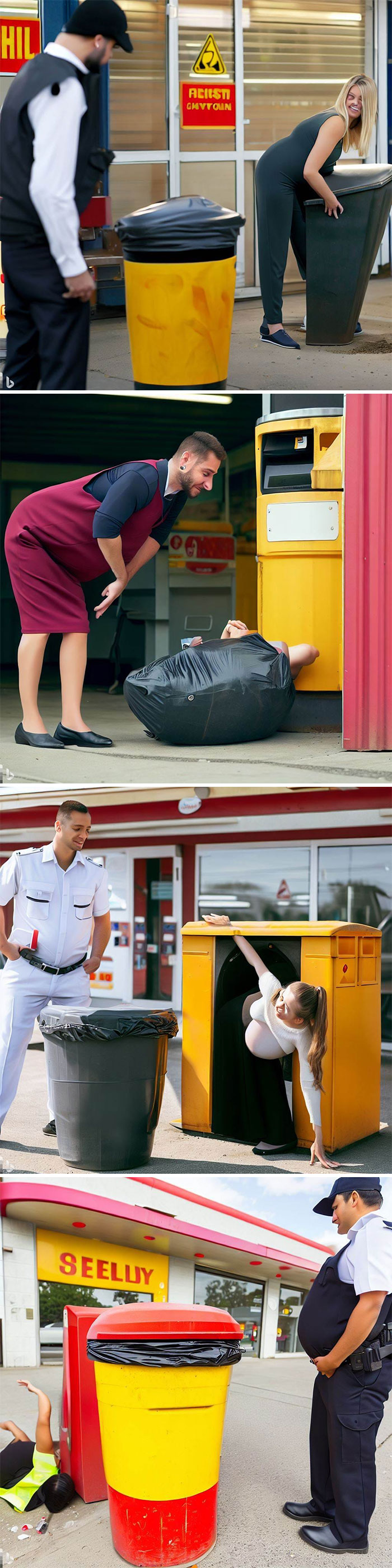 Un agent de sécurité regarde une femme enceinte fouiller dans une poubelle à une station Shell.