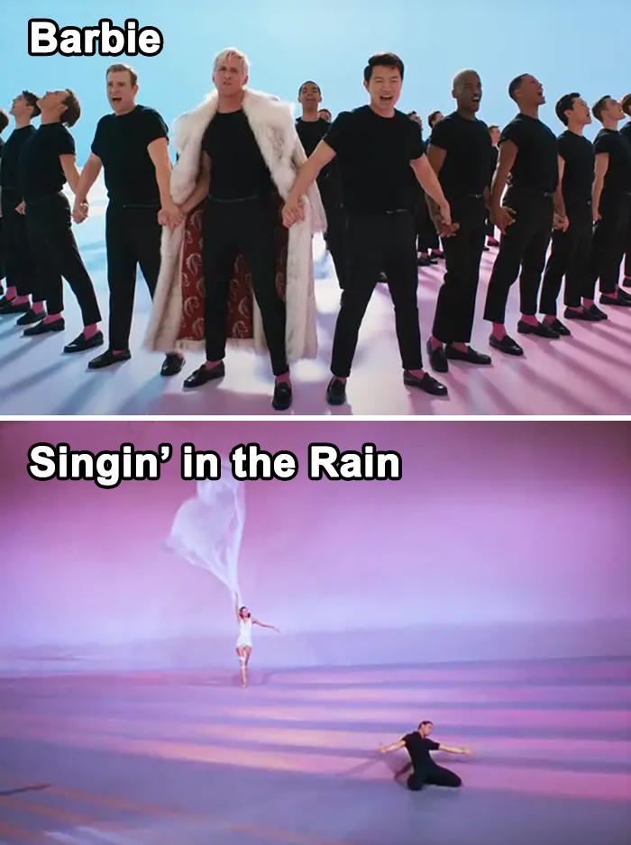 Quand Ken chante “I’m Just Ken” (Je suis juste Ken) Pendant la guerre des Kens, et que cela se transforme en un numéro de danse emblématique, le décor et les costumes sont similaires au ballet de rêve de Singin’ In The Rain (1952).