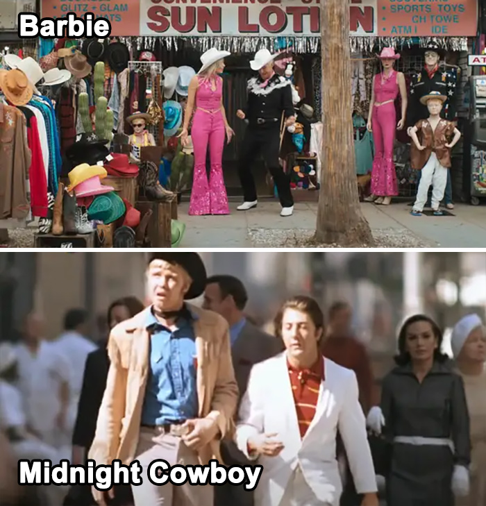 Lorsque Barbie et Ken trouvent leurs tenues de cow-boy à Venice Beach, la scène est un hommage à Midnight Cowboy (1969) Lorsque Joe Buck arrive à New York et fait l’expérience d’un poisson hors de l’eau