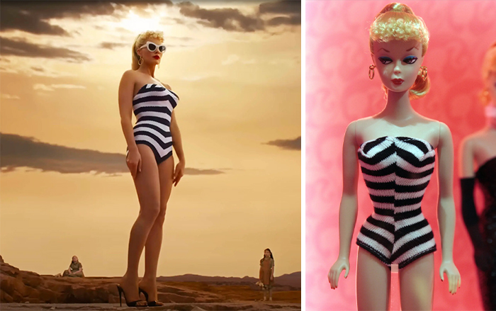 Lorsque l’on voit Barbie pour la première fois lors de l’hommage à 2001 : L’Odyssée de l’espace, elle porte le maillot de bain noir et blanc que portait la toute première Barbie lorsque la poupée a été commercialisée par Mattel en 1959.