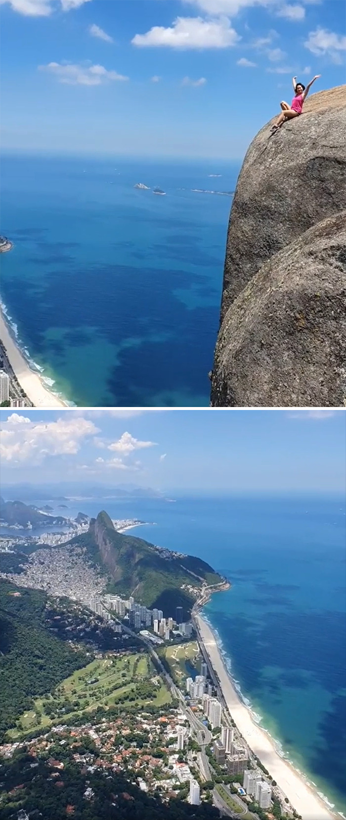 Un touriste assis au sommet de la montagne Pedra Da Gávea, Brésil