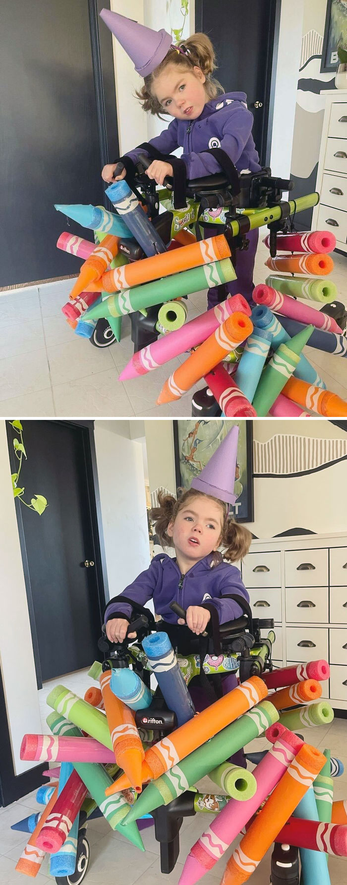 Mon enfant de 5 ans s’est déguisé en “tas de crayons” pour Halloween. Ils sont faits de nouilles de piscine, de ruban adhésif de hockey et de papier de construction, et ils sont attachés ensemble pour être accrochés à sa marchette.