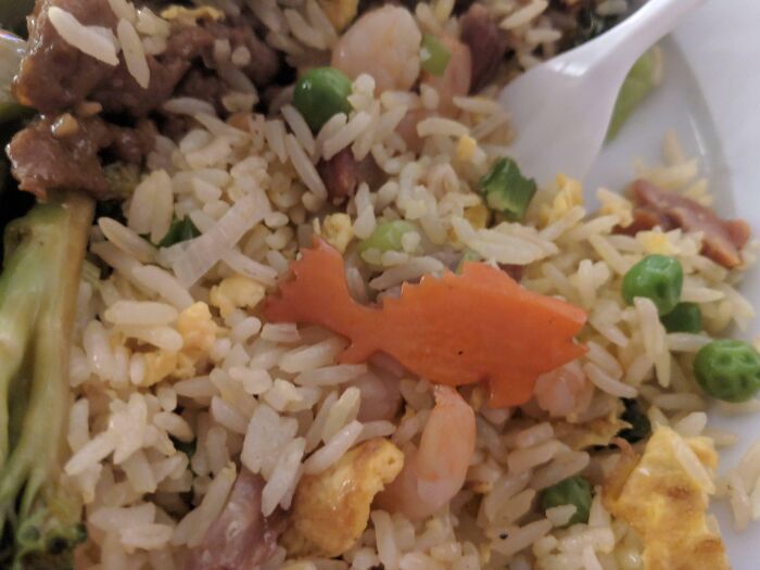 Mon plat chinois contient une carotte coupée comme un poisson.