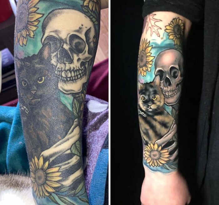 Je n’étais pas satisfait de ce tatouage (photo 1) et j’ai trouvé un artiste pour le retravailler (photo 2). Ce n’est pas encore tout à fait fini, mais je l’adore pour l’instant ! 🖤