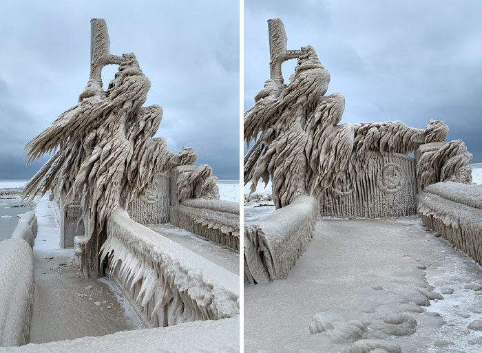 Photos prises à Port Stanley, Ontario, Canada. Combinaison de vent violent, de froid, d’eau et d’un peu de sable. La base des sculptures de Mère Nature était une porte et des lampadaires sur une jetée.