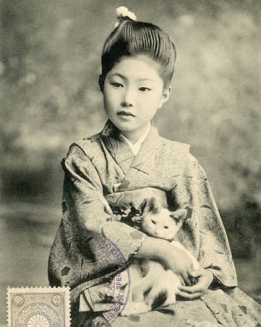 Carte postale japonaise d’une ‘Bijin’ (belle personne) avec son chaton. Vers 1907