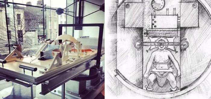 Il s’agit d’une machine brevetée en 1965, qui permet de mettre au monde un bébé en utilisant la force centrifuge. La machine faisait tourner la femme jusqu’à ce que le bébé sorte et soit pris dans un filet.