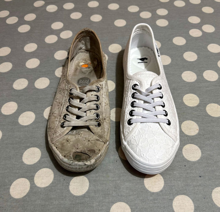 Le contraste entre les anciennes et les nouvelles chaussures de ma femme